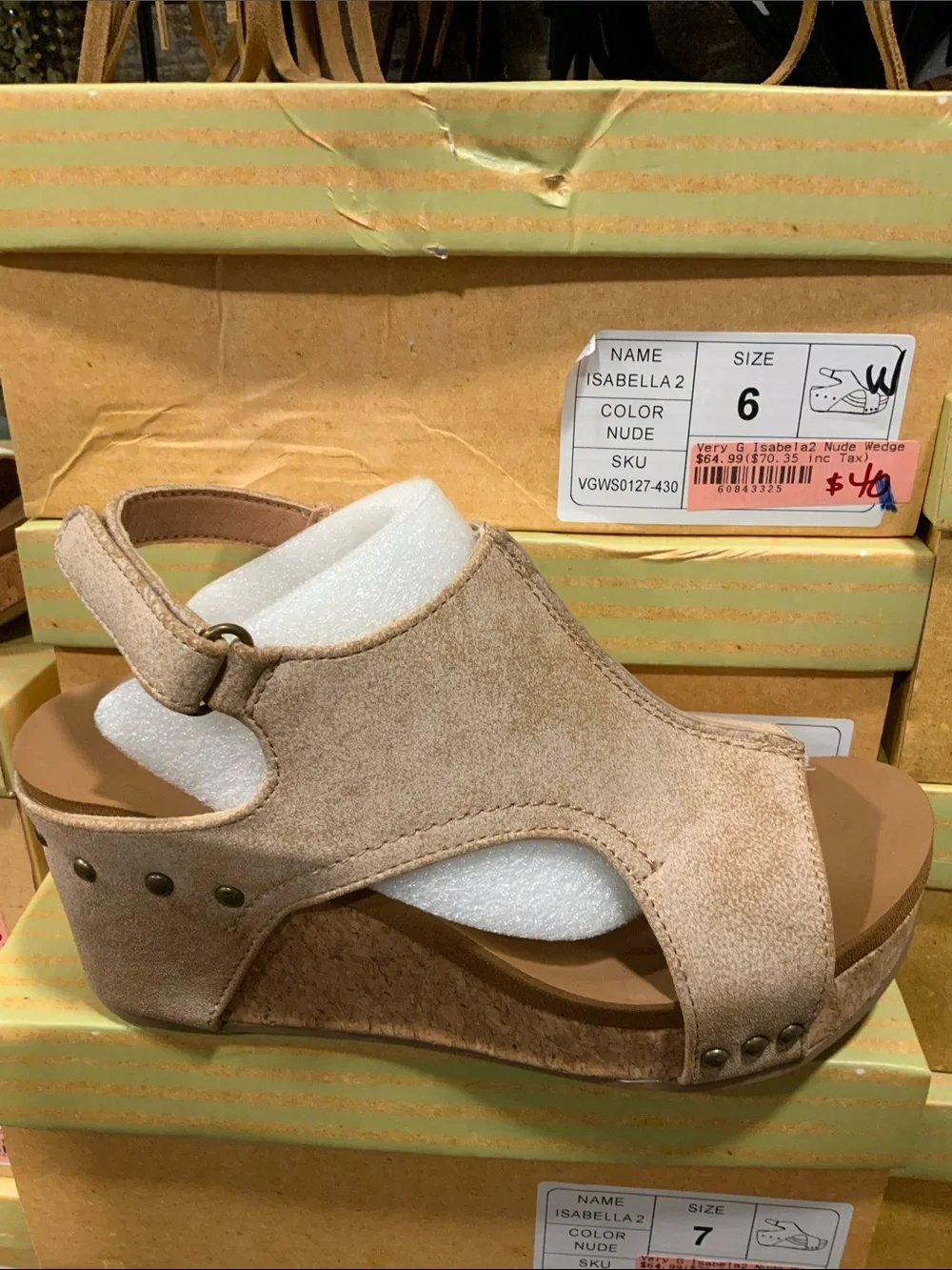 Very G Nude Suede Open-Toe Cork Wedge Sandals